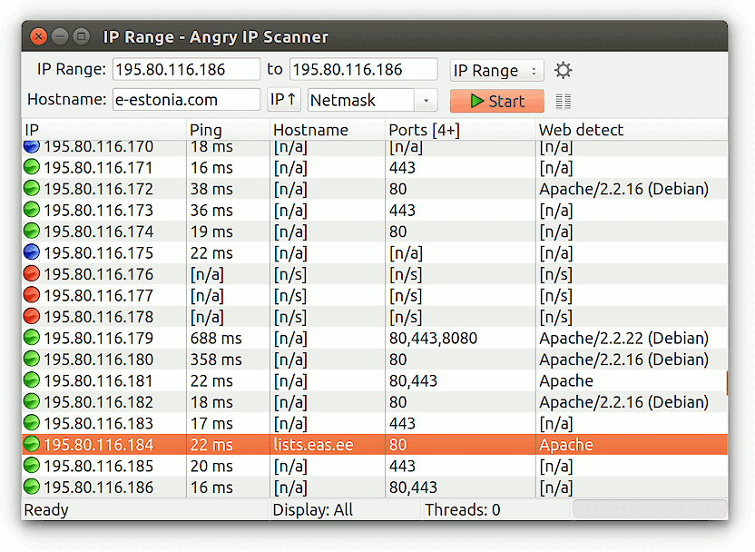 Tela principal do Angry IP Scanner