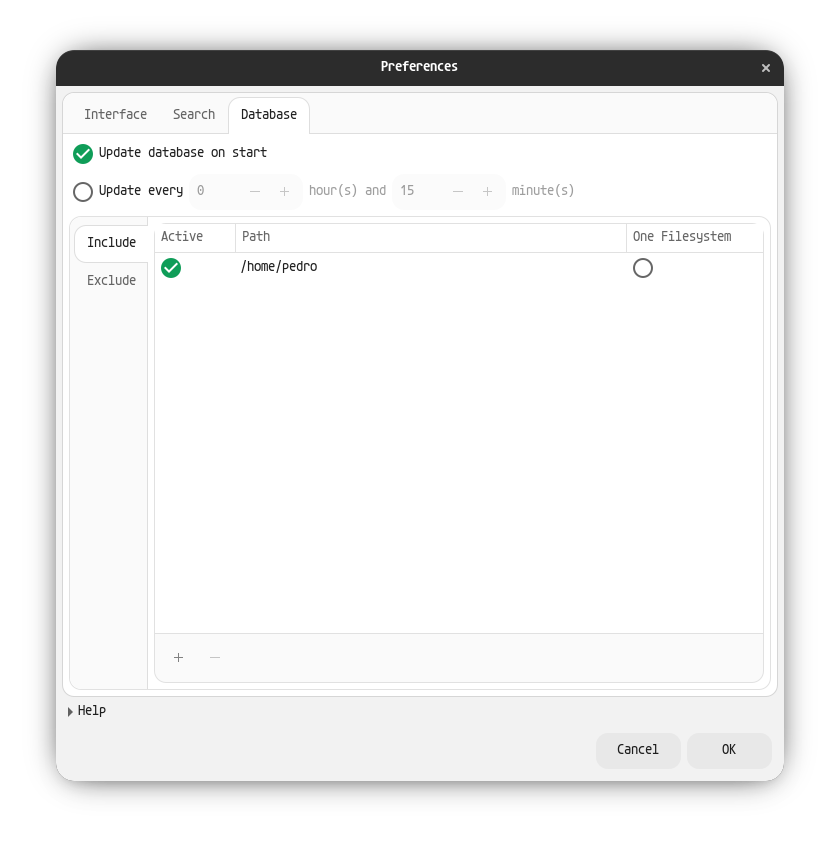Tela principal de configuração fsearch