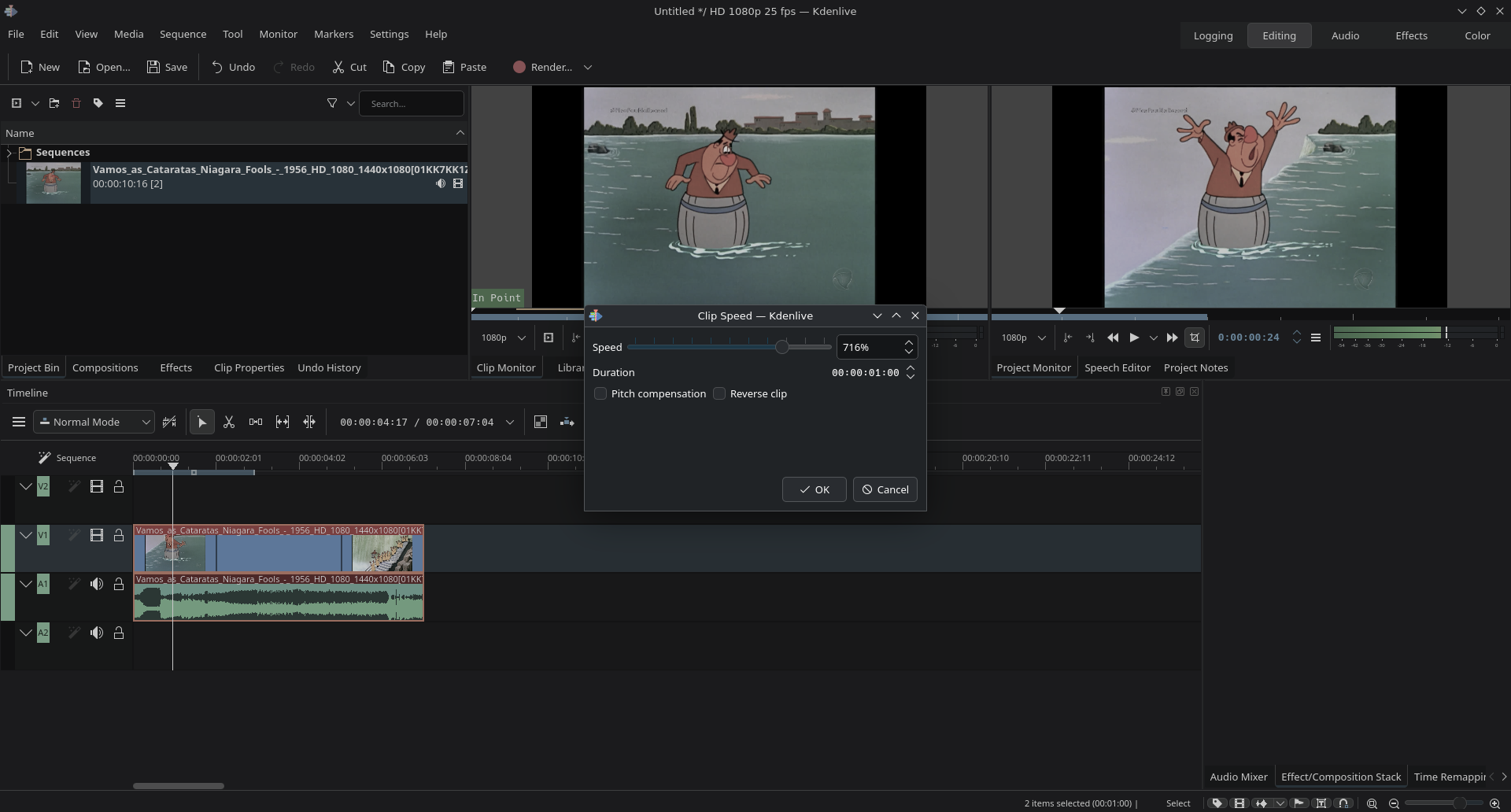 Janela Clip Speed do KDenLive com velocidade ajustada para duração de 1 segundo