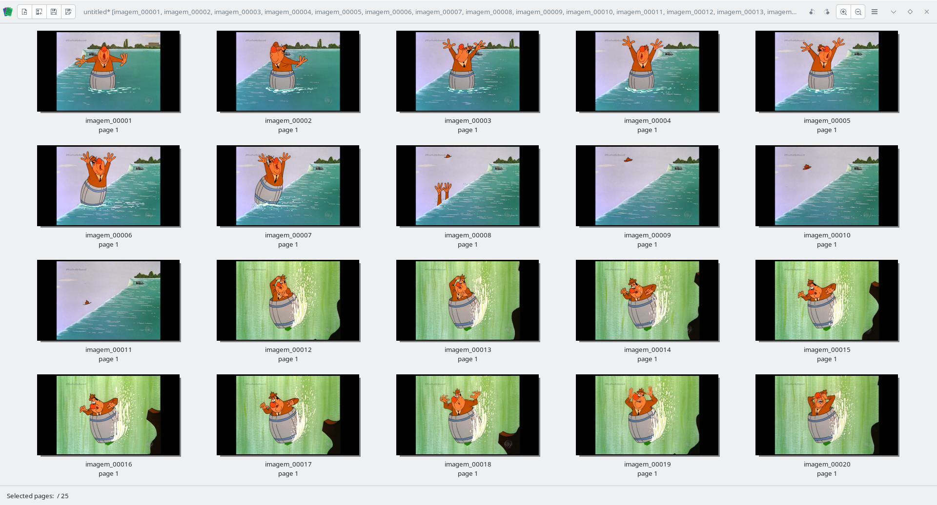 PDF Arranger com todos os frames PNG importados como páginas individuais