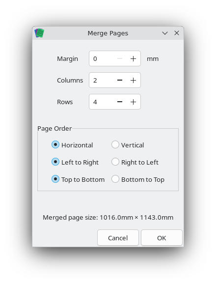 Janela Merge Pages com configuração 2 colunas e 4 linhas