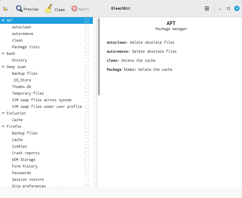 Tela principal do BleachBit